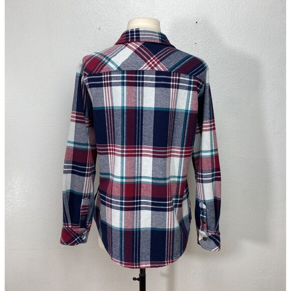 Orvis Womans Plaid Cotton Shacket Medium Blue Red Snap Front Pockets Chore Work - Picture 8 of 12